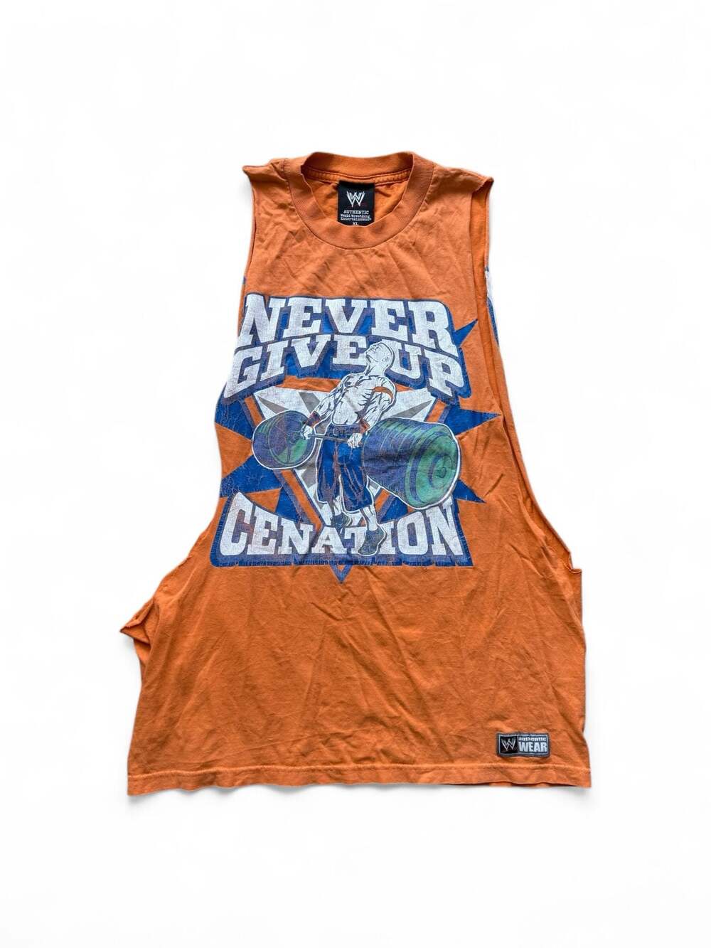 Vintage WWE John Cena 'Never Give Up Cenation' Orange Sleeveless Muscle T-Shirt